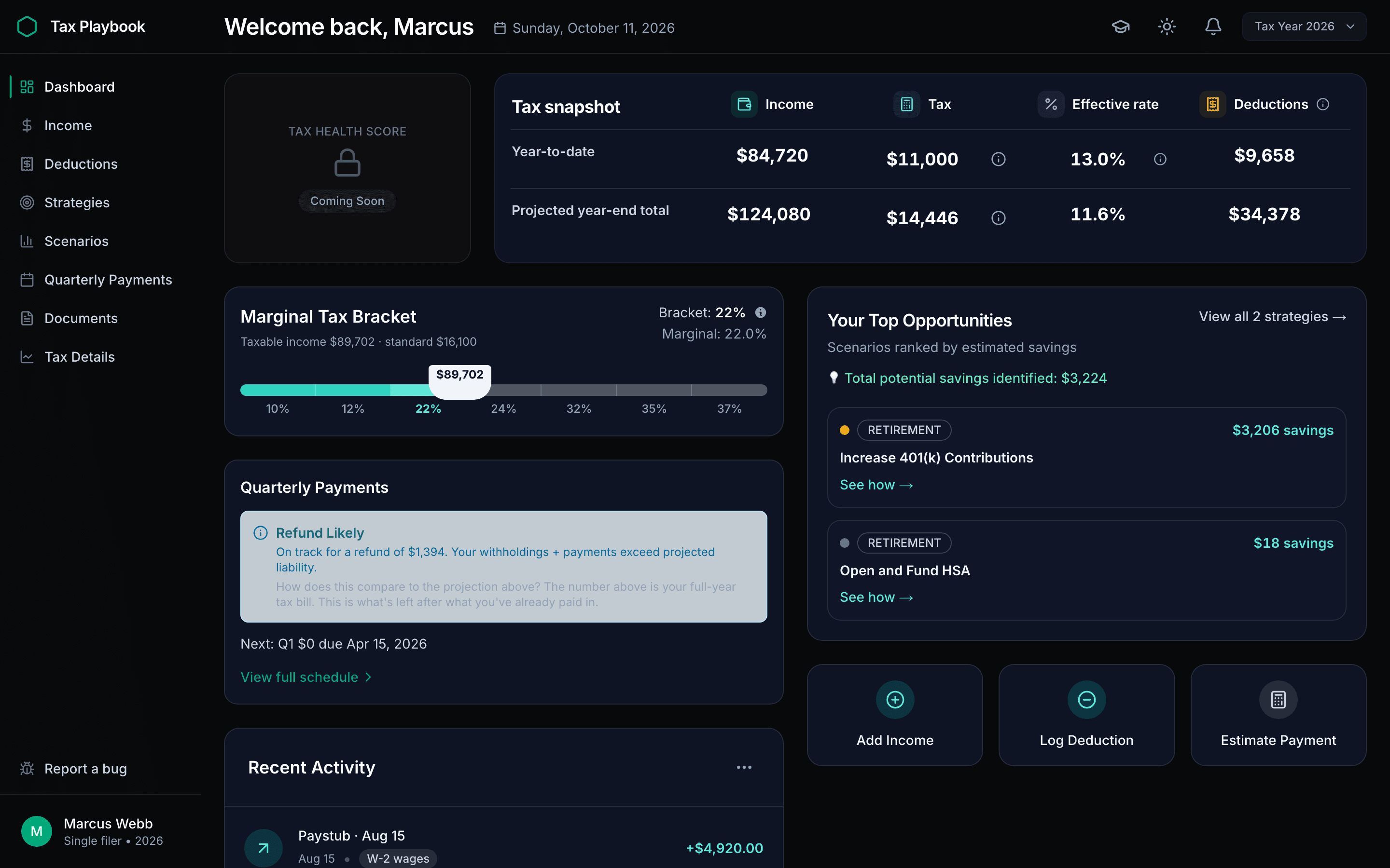 Tax Playbook dashboard in dark mode showing a tax snapshot with year-to-date and projected income and tax, the marginal tax bracket, quarterly payment status, and top-ranked strategy opportunities